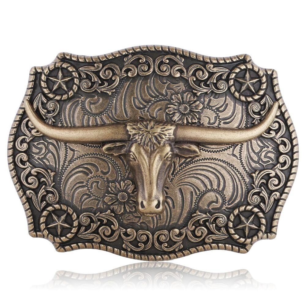 9712 Western Cowboy Cowgirl Belt Buckle, Long Horn Bull Western Belt Buckle